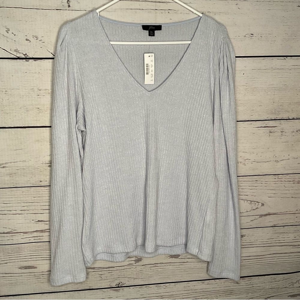 J. Crew Puff Sleeve V Neck Ribbed Top Womens Extra Large XL BabyBlue Long Sleeve